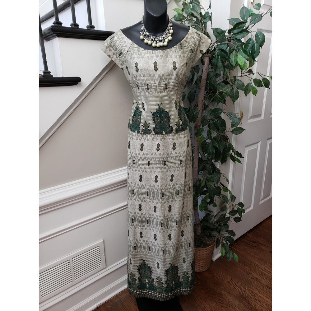 P.J.K Collections 2 Pc Traditional Maxi Dress Skirt Set Small Green Beige